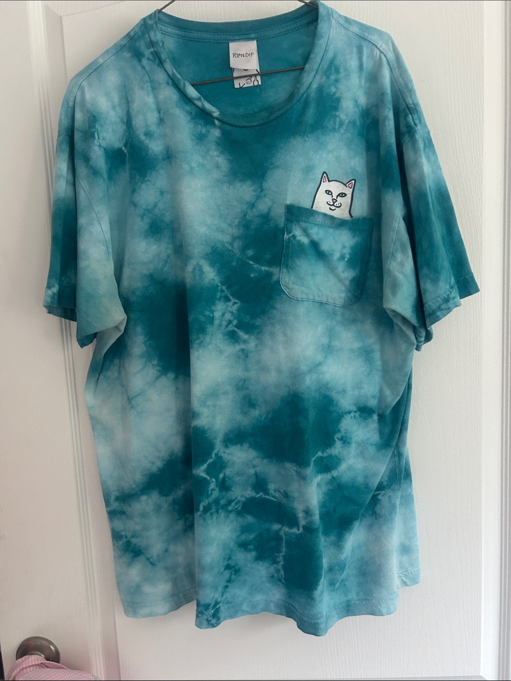 Ripndip Teal and White Tie-Dye Pocket Tee with Peekaboo Cat lord nermal large